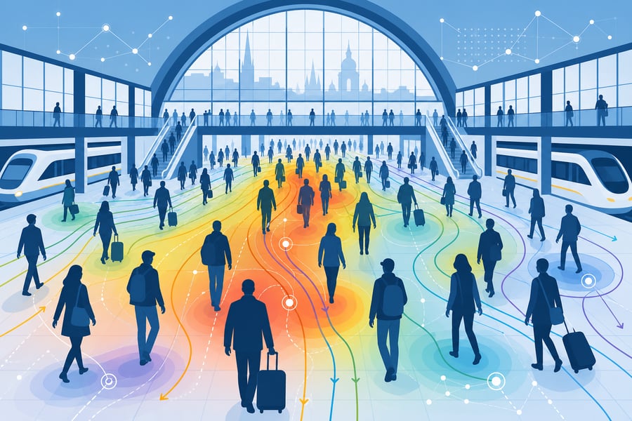 European Station Concourse with Flow Lines and Heatmaps