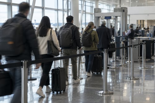 Des voyageurs avec leurs bagages cabine font la queue devant un contrôle de sécurité, dans un hall d’aéroport lumineux.