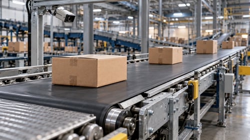 Convoyeur à bande transportant des cartons dans un entrepôt logistique, avec une caméra orientée vers la ligne et des rouleaux métalliques visibles au premier plan.