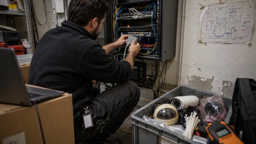 A technician connecting a box to a network rack in a utility room, with a laptop and a box containing several surveillance cameras beside him.