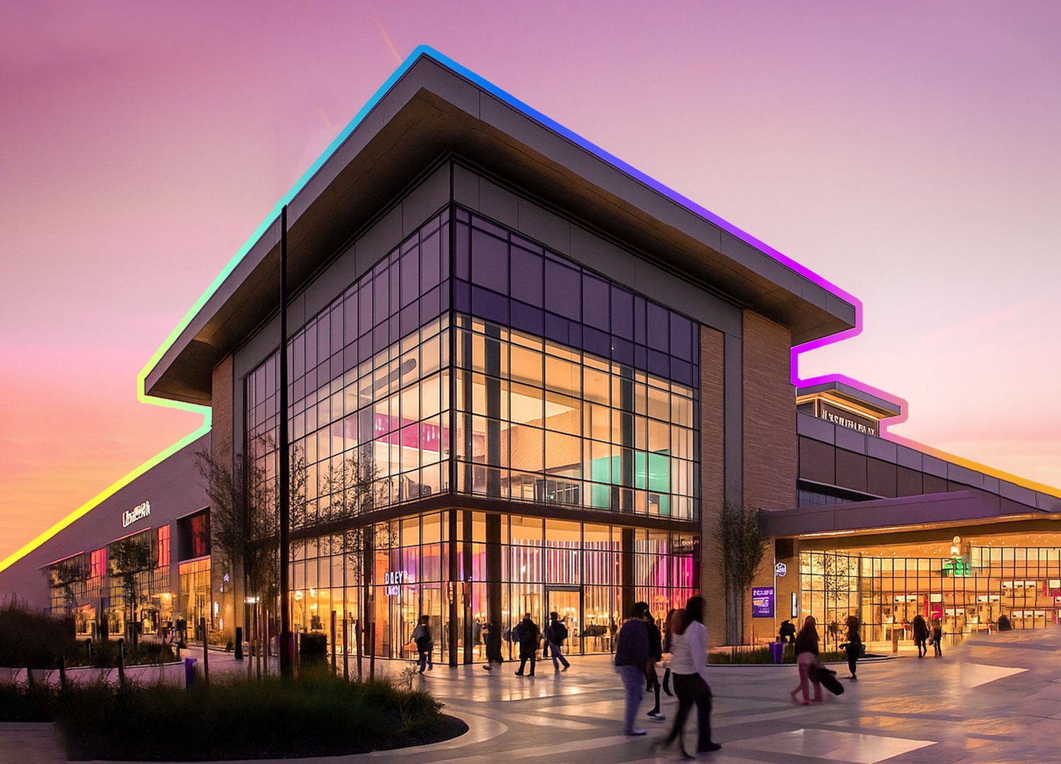 Centre commercial contemporain avec façade vitrée, éclairage architectural coloré et visiteurs circulant en extérieur au crépuscule