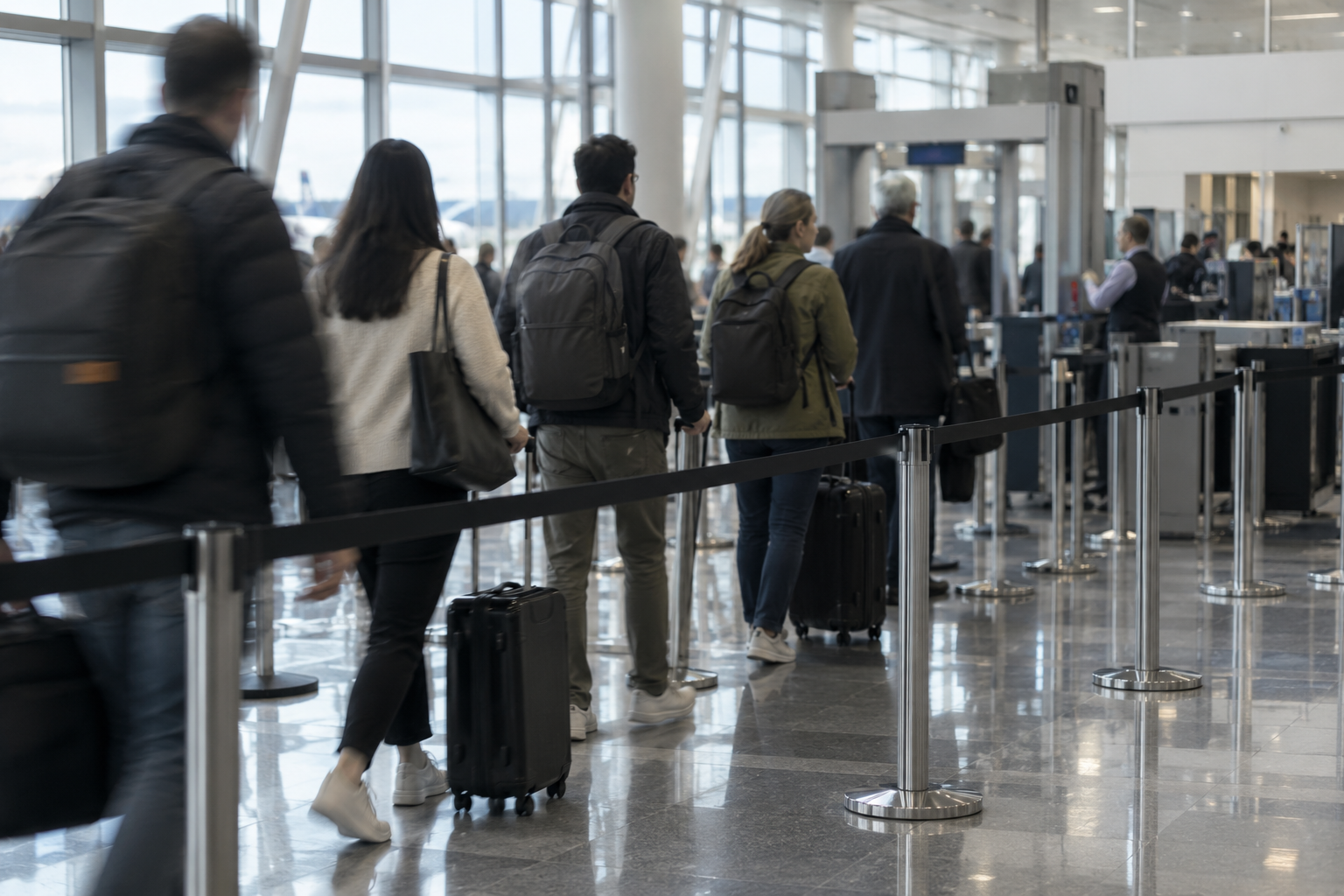 Des voyageurs avec leurs bagages cabine font la queue devant un contrôle de sécurité, dans un hall d’aéroport lumineux.