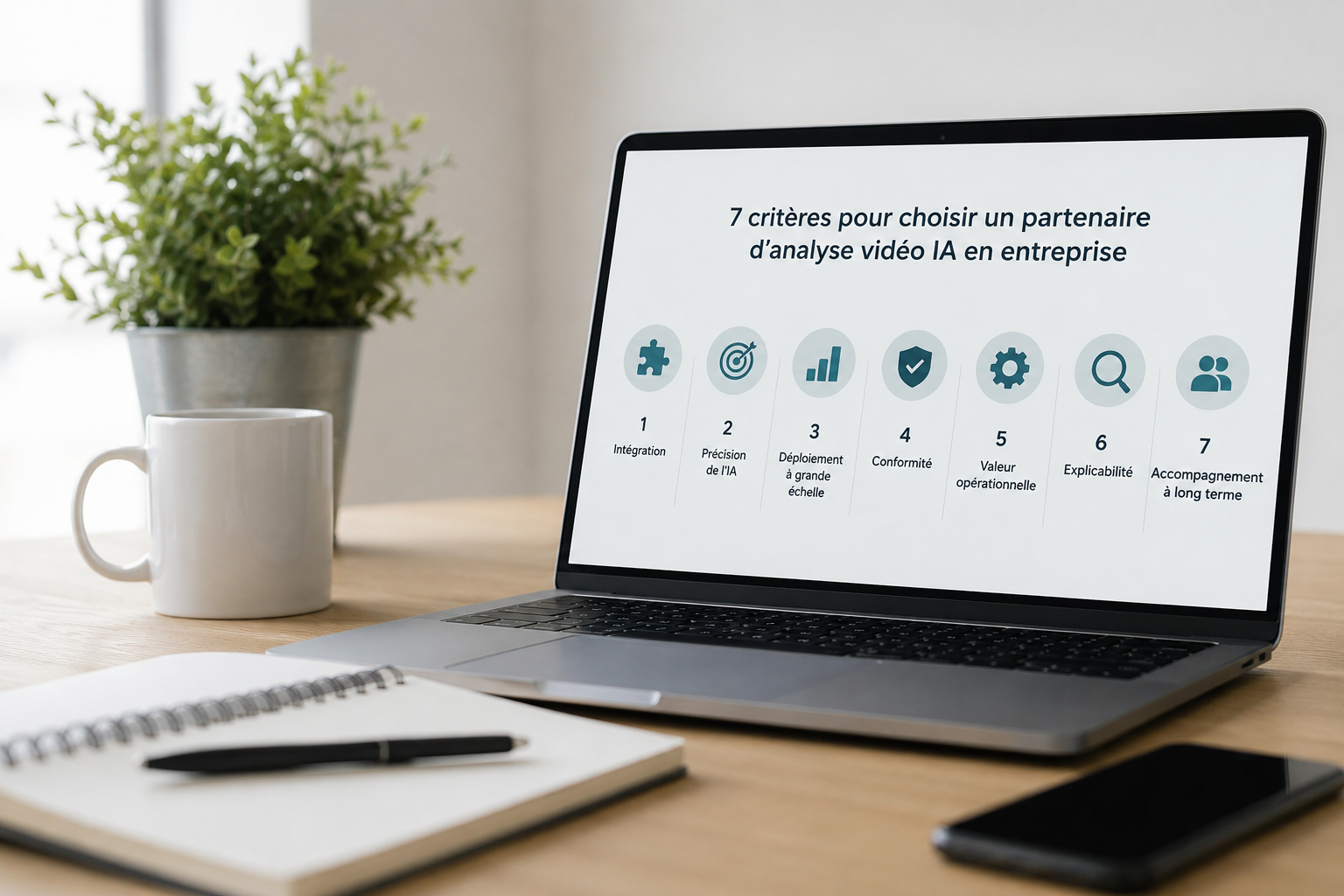 Bureau professionnel moderne avec un ordinateur portable présentant les principaux critères pour choisir une solution d’analyse vidéo basée sur l’intelligence artificielle : intégration, précision de l’IA, déploiement à grande échelle, conformité, valeur opérationnelle, explicabilité et accompagnement. Le poste de travail comprend également un carnet, un smartphone, un stylo et une tasse de café dans un environnement lumineux et épuré.