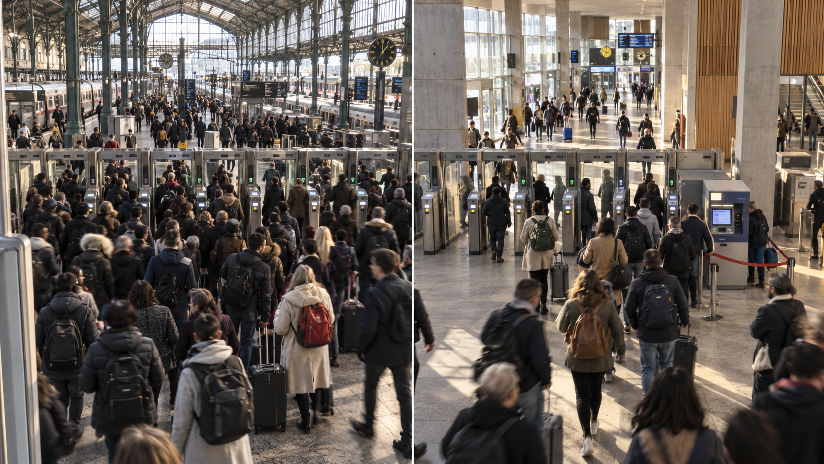 Diptyque de deux gares vues en plongée : foule dense devant les portiques à gauche ; flux plus clairsemé et passage rétréci par un distributeur de billets à droite.