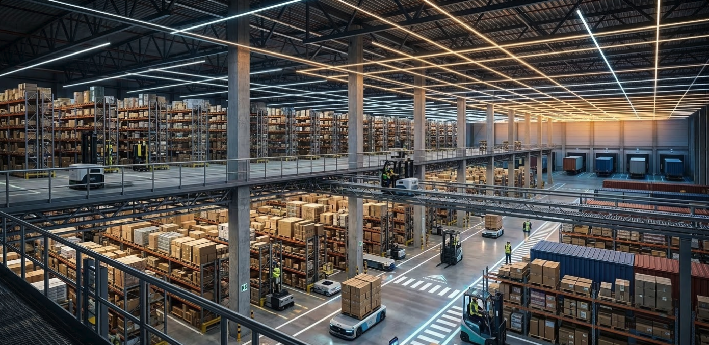 HD panoramic view of an automated, intelligent logistics warehouse. The image shows high-density industrial shelving, forklifts and autonomous mobile robots (AMRs) circulating on a floor marked by LED light signals. Metal walkways overhang the flow of goods, illustrating how AI optimizes operations and manages flows in real time.