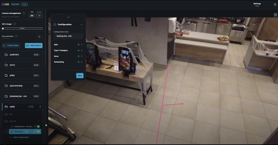 Interface de la plateforme CORE affichant la configuration d’une zone d’attente dans un restaurant via caméra de surveillance, avec ligne virtuelle de détection au sol pour l’analyse de flux clients.