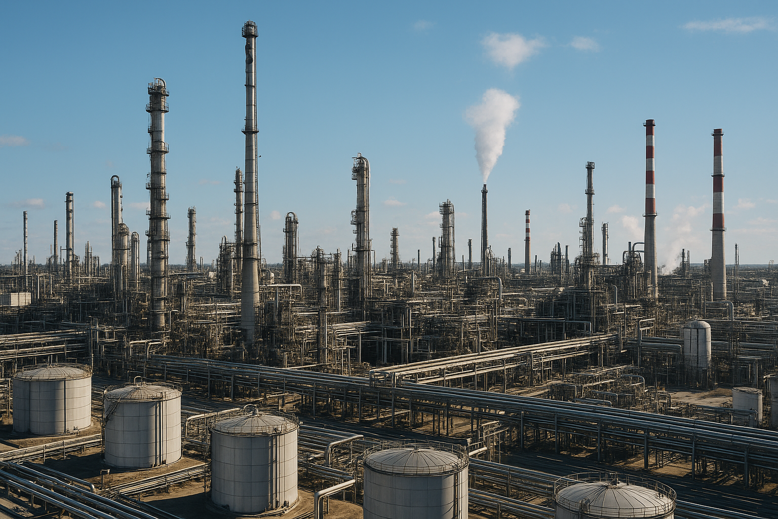 Vue d’un site industriel avec plusieurs cheminées en activité et un réseau complexe de pipelines traversant la zone.
