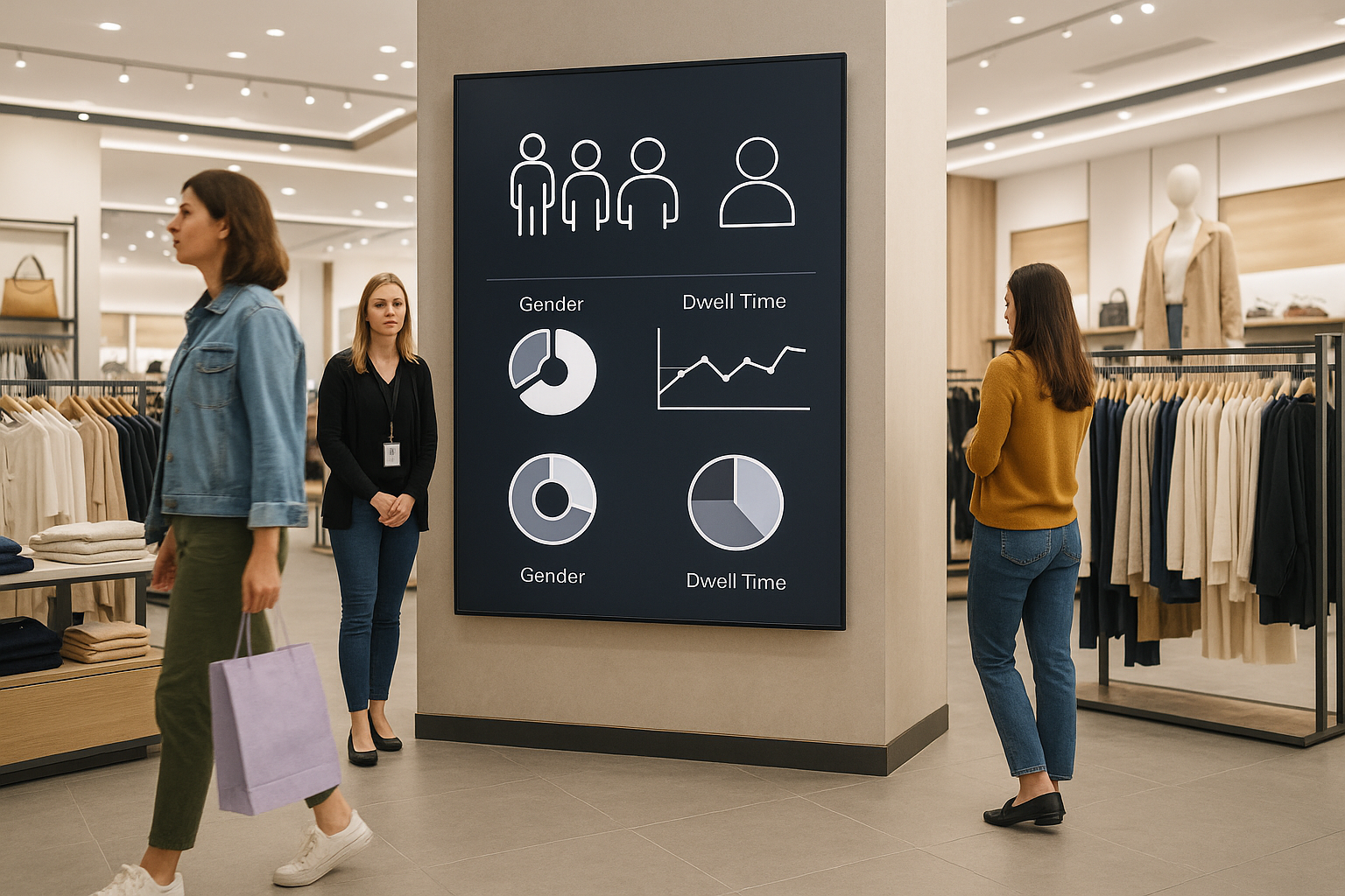 Boutique physique moderne avec des clients en train de circuler dans les rayons ; au premier plan, un écran affiche un tableau de bord de segmentation marketing en temps réel, indiquant les profils de visiteurs (par âge, genre perçu, zones explorées) et les données de fréquentation des différentes zones du magasin.