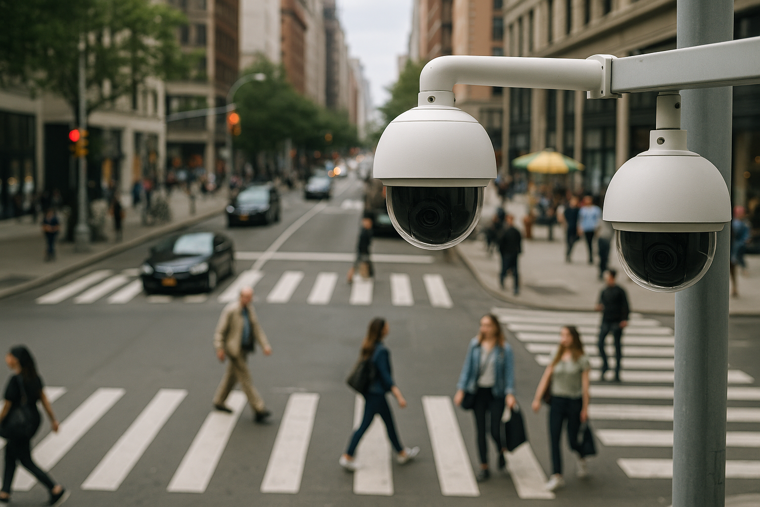 Caméras de surveillance installées en hauteur dans un environnement urbain, surplombant une rue où des piétons traversent un passage clouté. L’image illustre la surveillance intelligente en milieu public, avec un focus sur la sécurité et le flux de circulation.