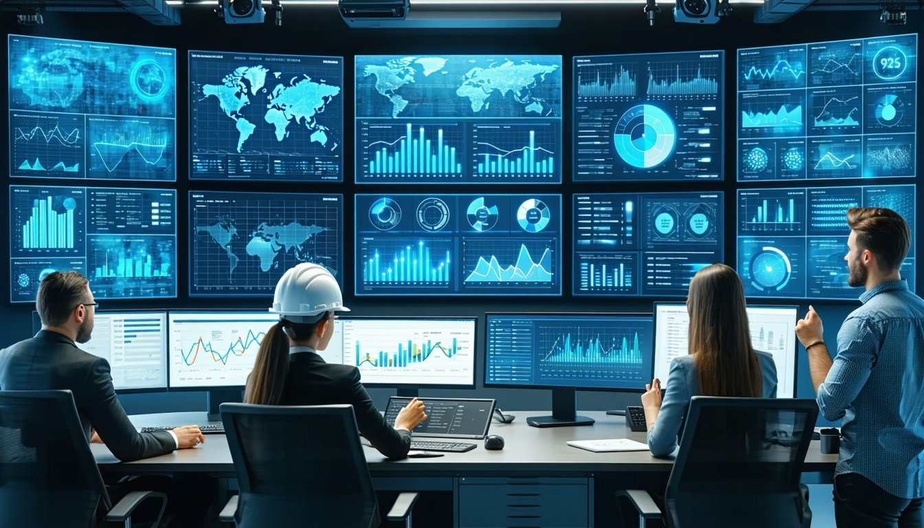 A modern industrial control room featuring multiple large screens displaying real-time data analytics, digital twins, and performance metrics. The roo