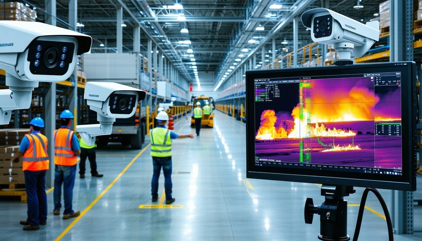 A modern industrial facility with various zones, including a warehouse and production area, featuring advanced surveillance cameras mounted on walls.