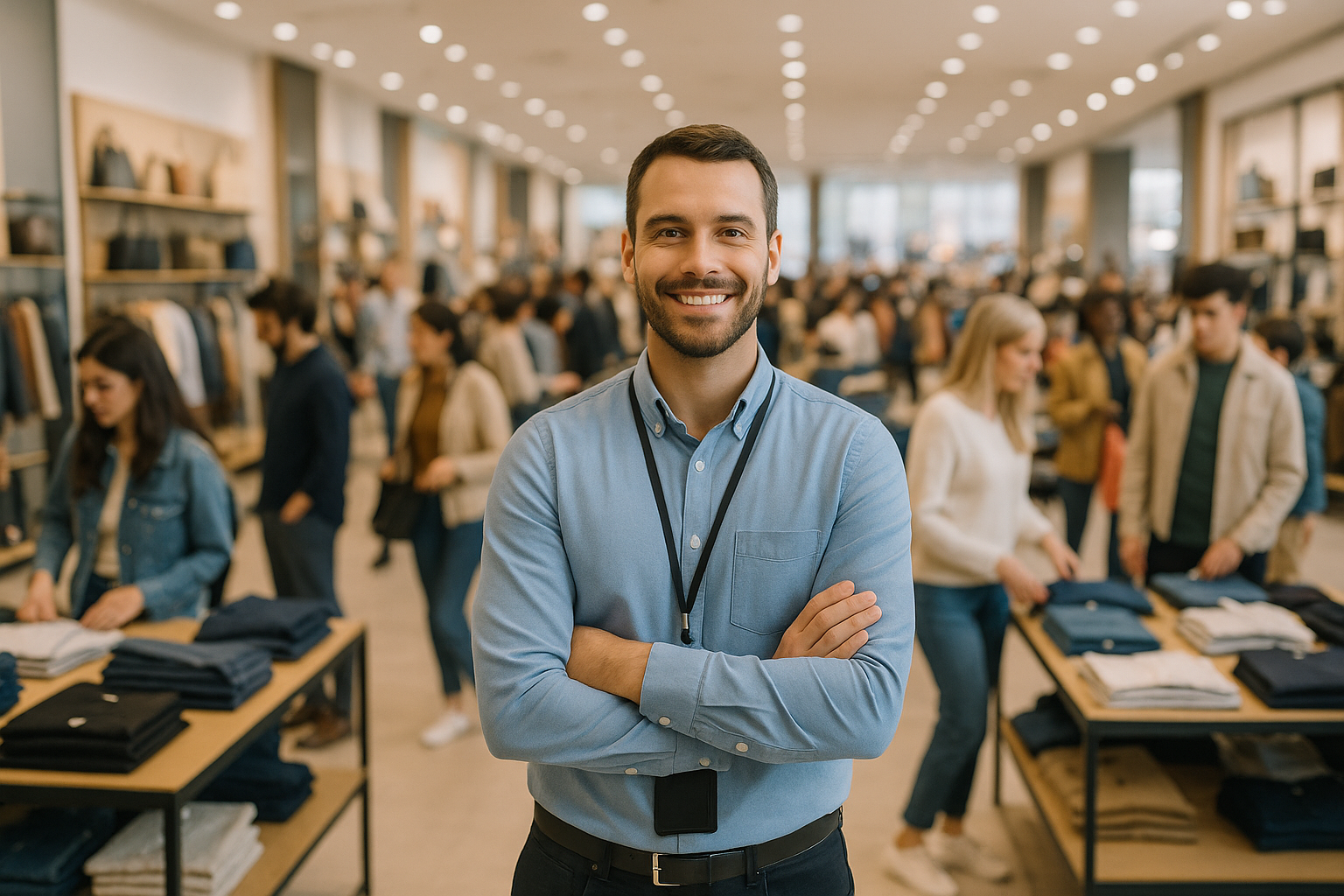 Un vendeur souriant, habillé en blanc, croise les bras au premier plan. À l’arrière-plan flou, on distingue l’intérieur d’un magasin éclairé.